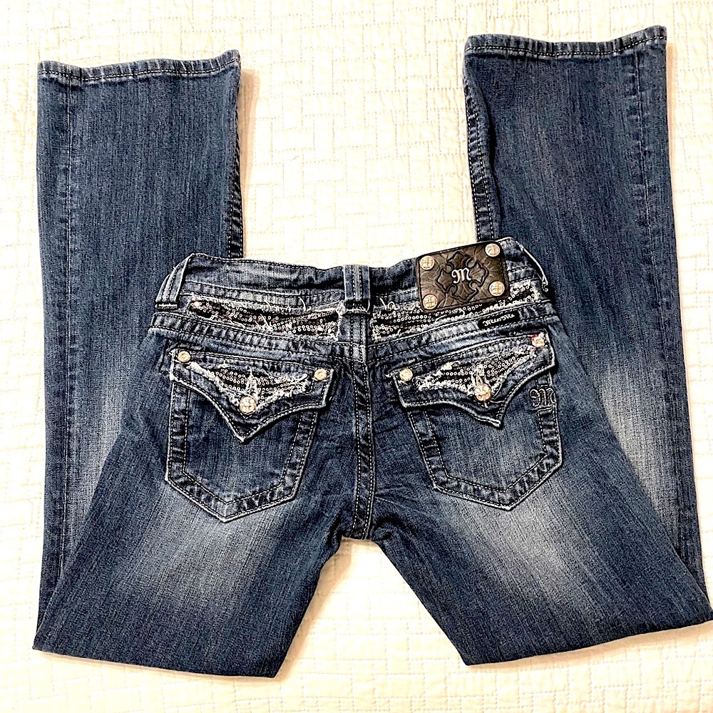 MISS ME SEQUIN DISTRESSED BOOT CUT SIZE 27